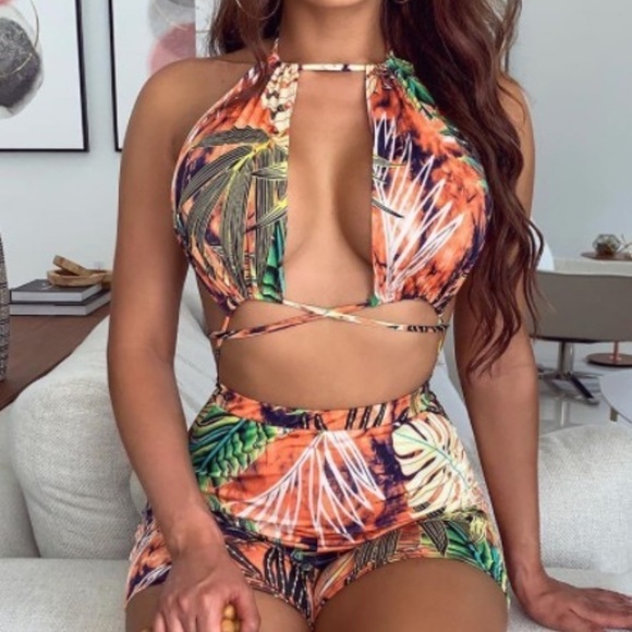 Women's Sexy Halter One Piece Swimsuit Briefs Botanical Tropical Palm Trees - Picture 1 of 7